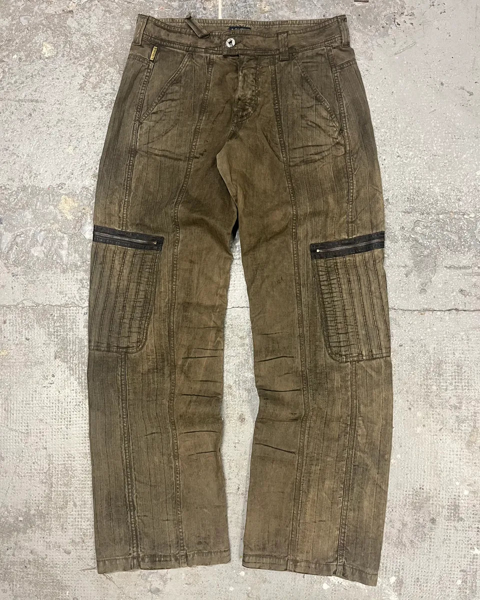 2000s Armani Olive Washed Wide Elevated Cargo Pants (L) 2