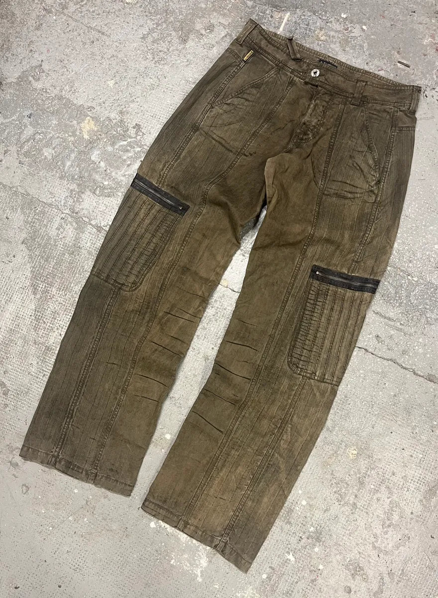 2000s Armani Olive Washed Wide Elevated Cargo Pants (L) 4