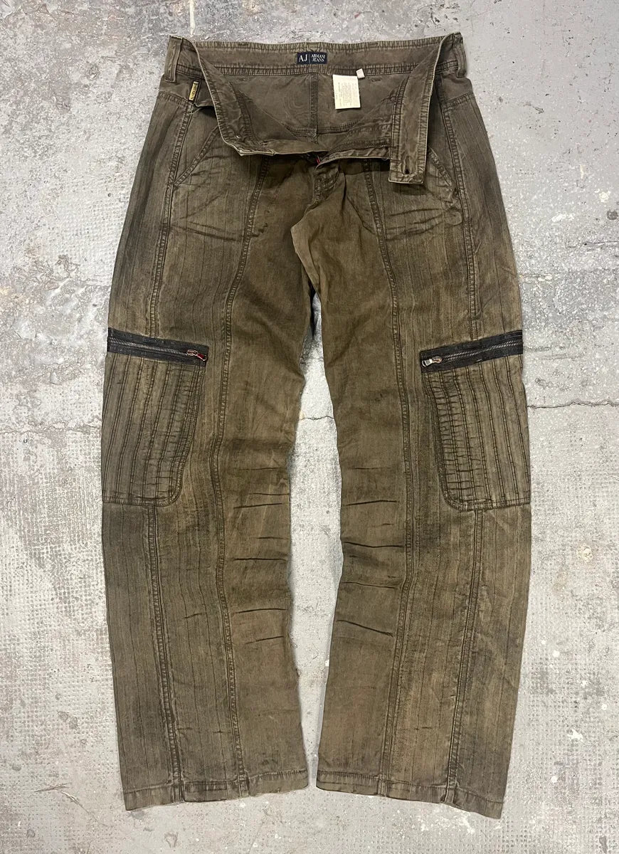 2000s Armani Olive Washed Wide Elevated Cargo Pants (L) 5