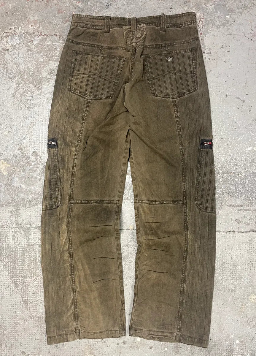 2000s Armani Olive Washed Wide Elevated Cargo Pants (L) 6