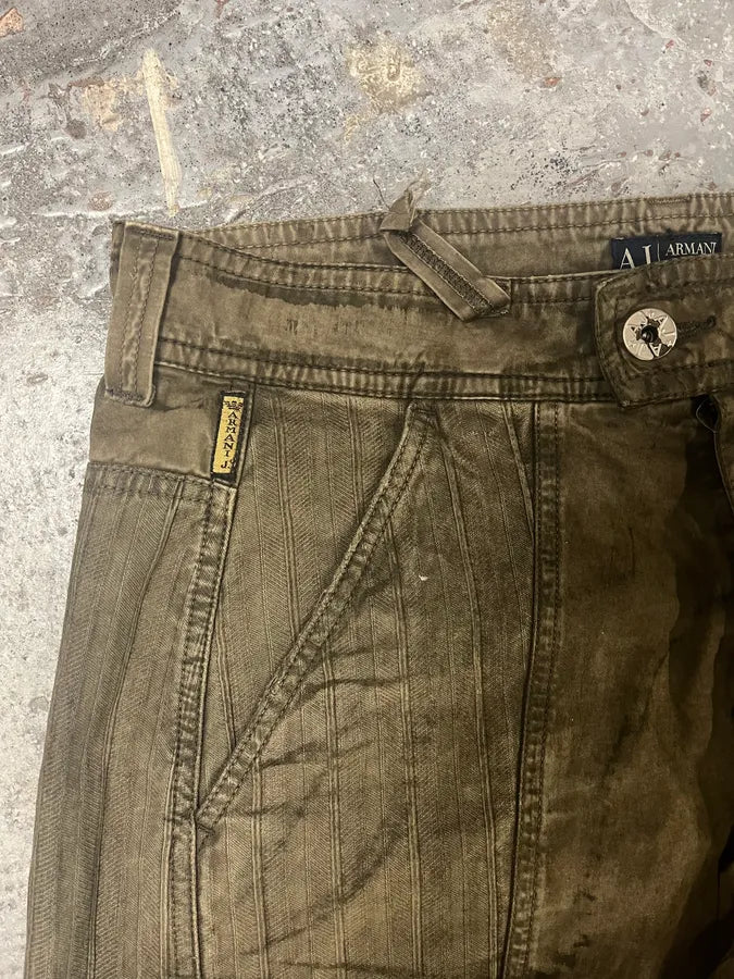 2000s Armani Olive Washed Wide Elevated Cargo Pants (L) 7