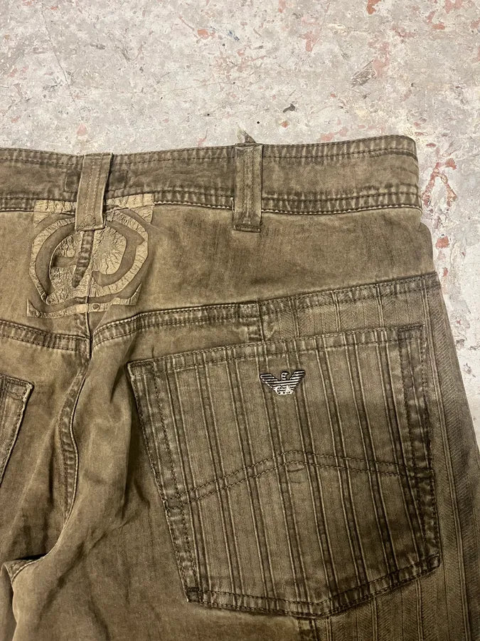 2000s Armani Olive Washed Wide Elevated Cargo Pants (L) 8