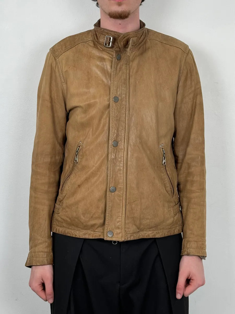2000s Armani Padded Beige Leather Biker Jacket YQbnFSO 1
