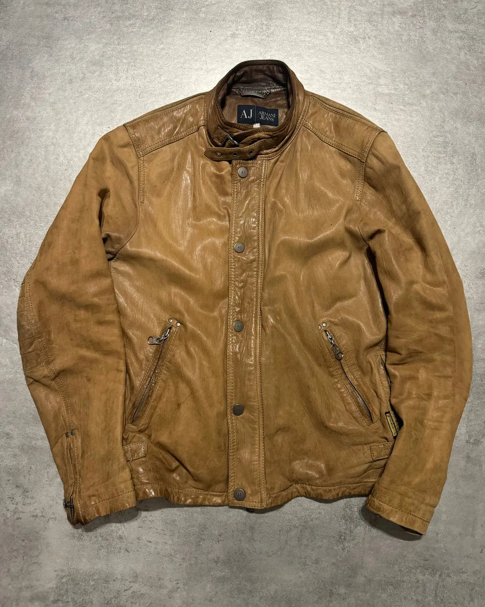 2000s Armani Padded Beige Leather Biker Jacket YQbnFSO 3