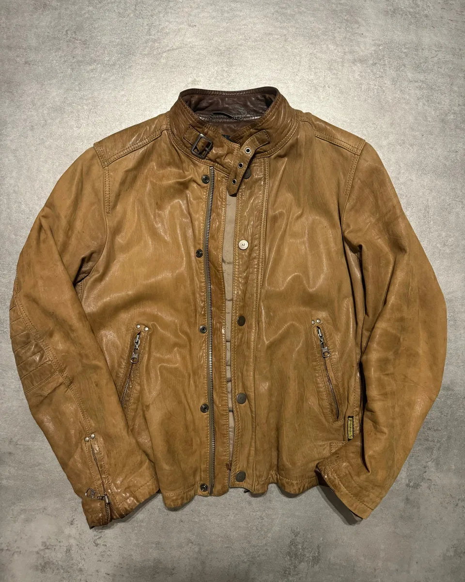 2000s Armani Padded Beige Leather Biker Jacket YQbnFSO 0