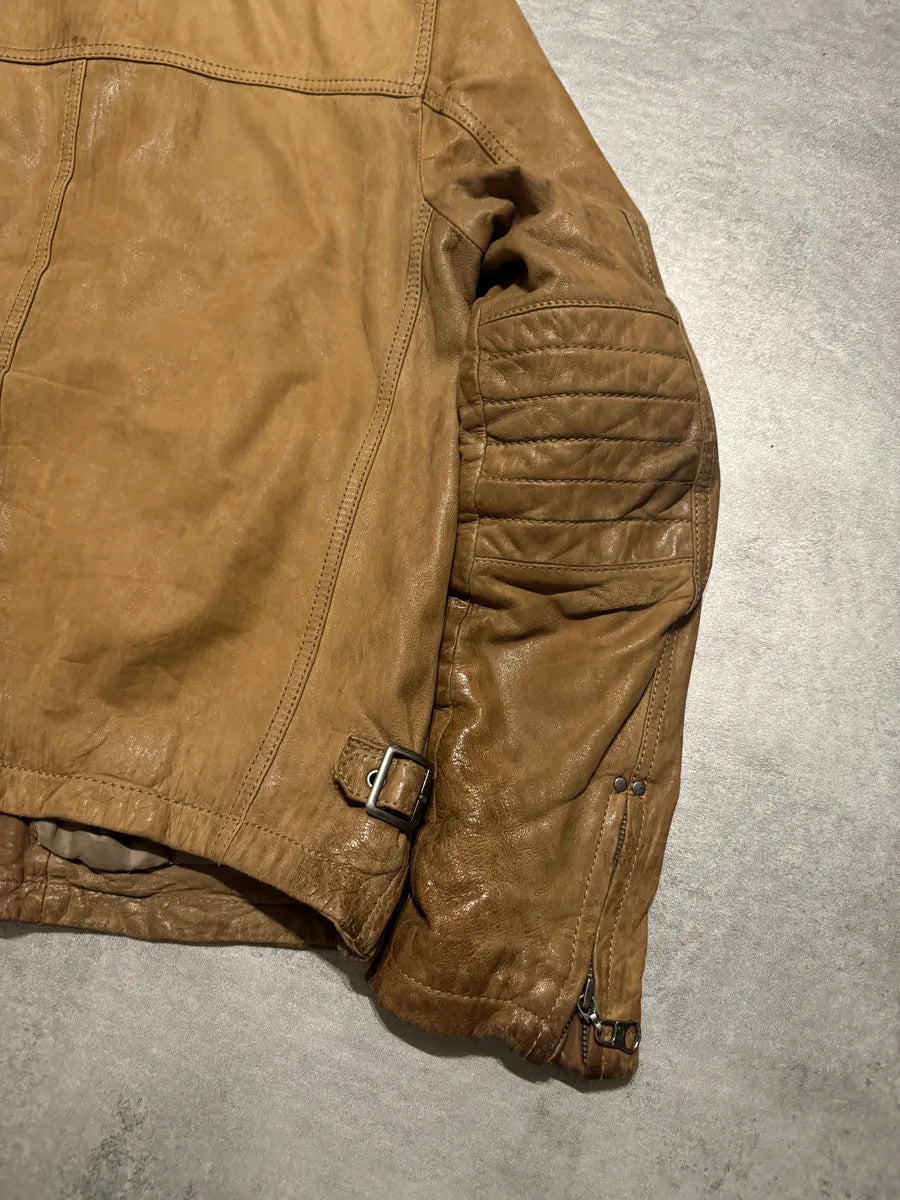2000s Armani Padded Beige Leather Biker Jacket YQbnFSO 5