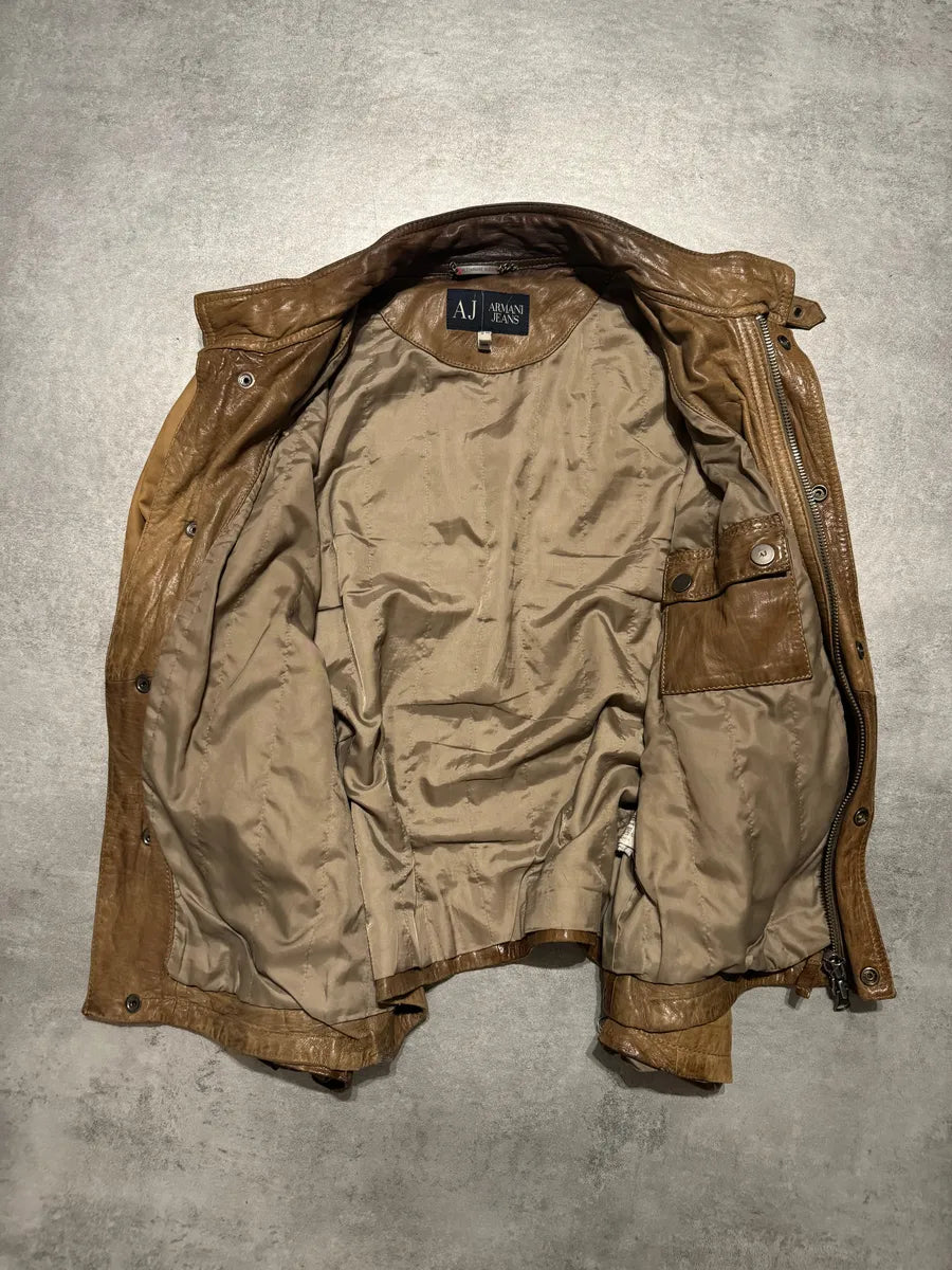 2000s Armani Padded Beige Leather Biker Jacket YQbnFSO 5
