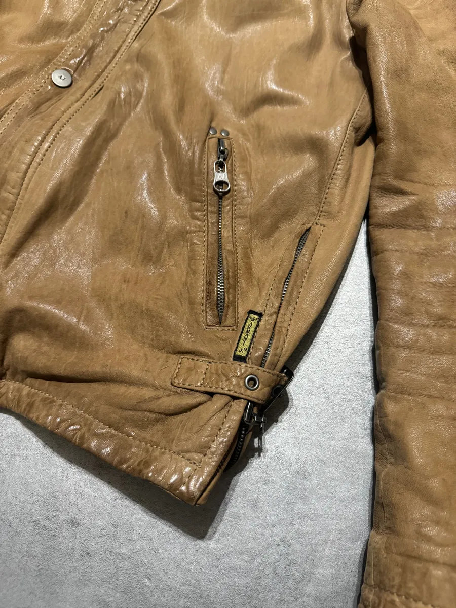 2000s Armani Padded Beige Leather Biker Jacket YQbnFSO 8