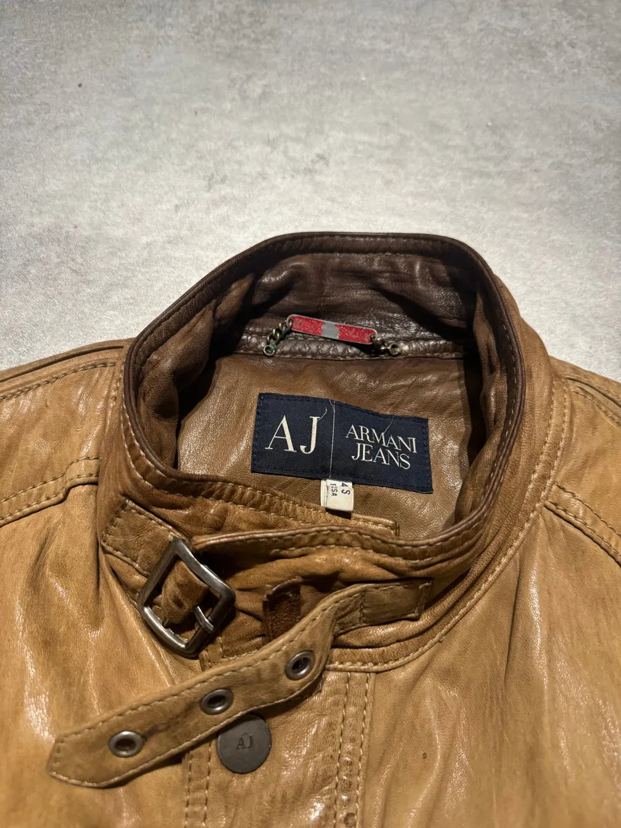 2000s Armani Padded Beige Leather Biker Jacket YQbnFSO 7
