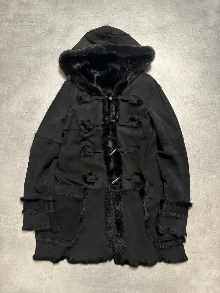 2000s Armani Reversible 2 in 1 Avant-Garde Black Rustic Fur Jacket nYzBZes 3