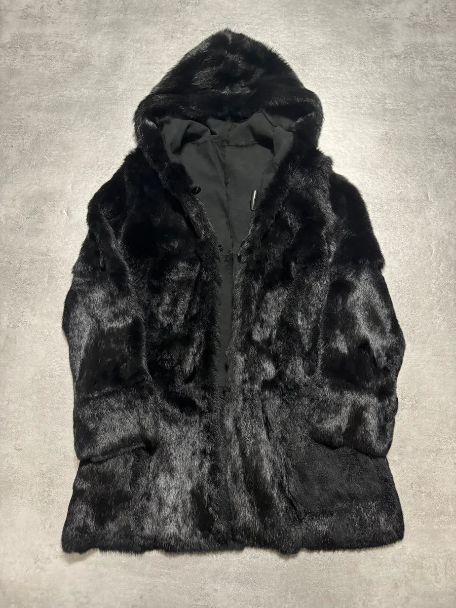 2000s Armani Reversible 2 in 1 Avant-Garde Black Rustic Fur Jacket nYzBZes 8