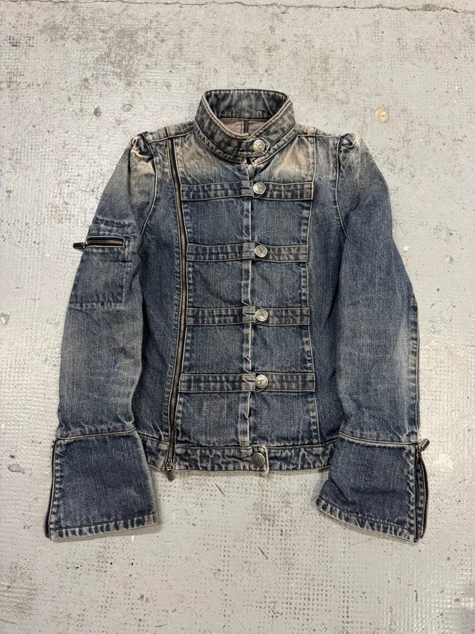 2000s Armani Samurai Buttoned Zip Faded Denim Jacket hqVdxUN 0