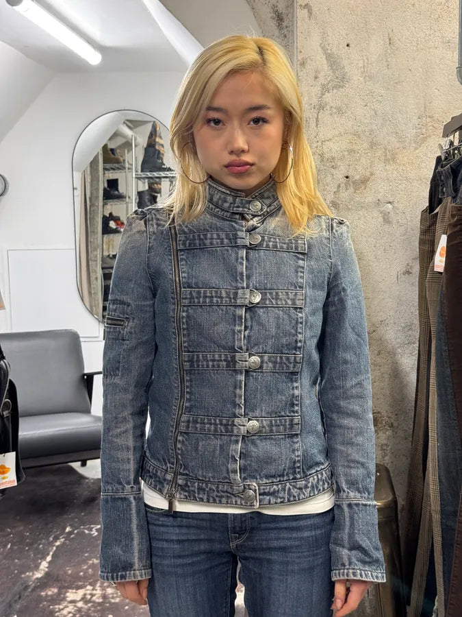 2000s Armani Samurai Buttoned Zip Faded Denim Jacket hqVdxUN 1