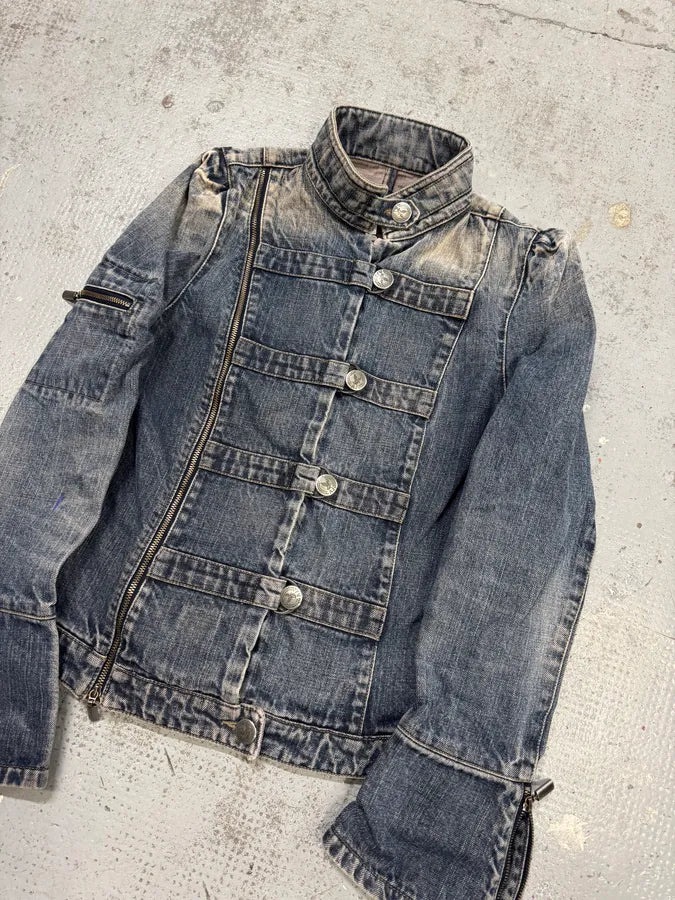 2000s Armani Samurai Buttoned Zip Faded Denim Jacket hqVdxUN 2