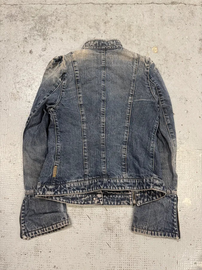 2000s Armani Samurai Buttoned Zip Faded Denim Jacket hqVdxUN 6