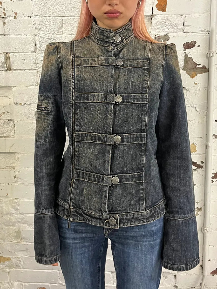 2000s Armani Samurai Faded Blue Washed Denim Jacket RkFMIib 1