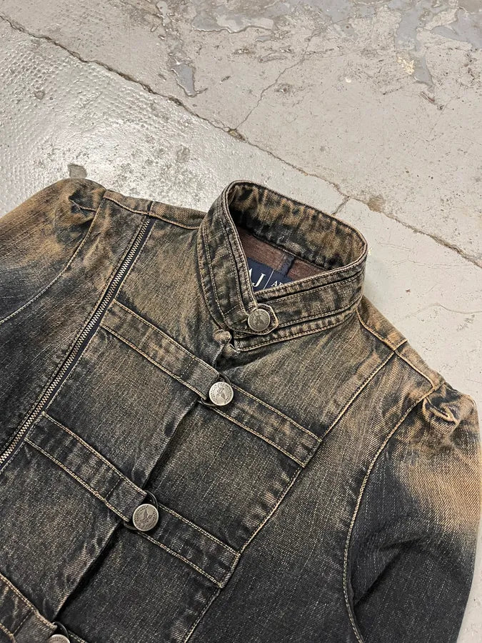 2000s Armani Samurai Faded Blue Washed Denim Jacket RkFMIib 4