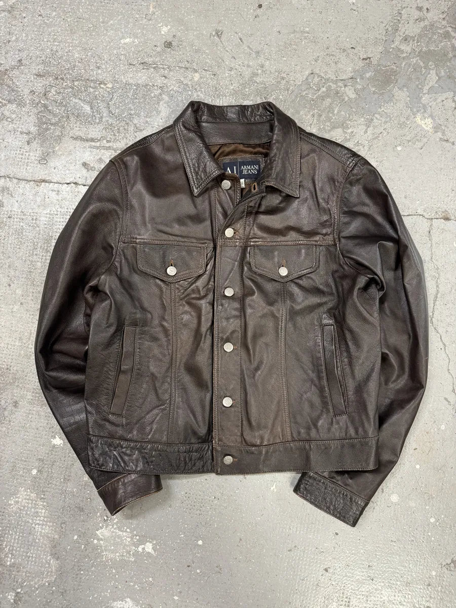 2000s Armani Simple Brown Leather Jacket (M) 2