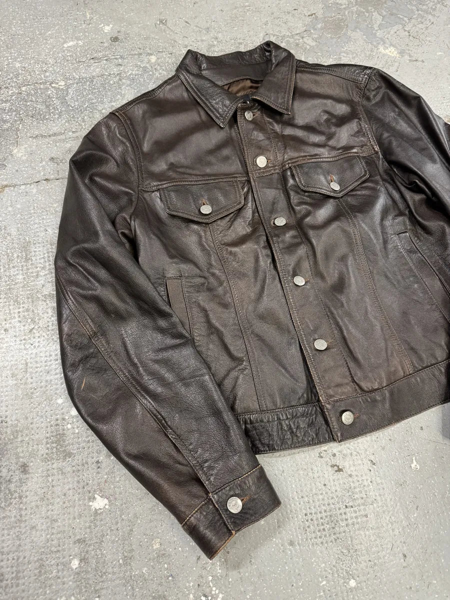 2000s Armani Simple Brown Leather Jacket (M) 8