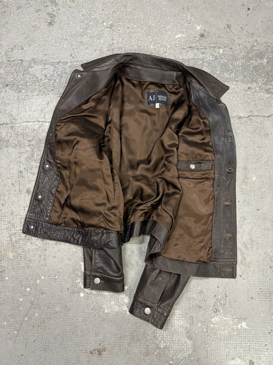 2000s Armani Simple Brown Leather Jacket (M) 9
