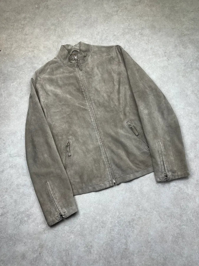 1990s Armani Taupe Five Zip Suede Leather Jacket IoCaJTn 4