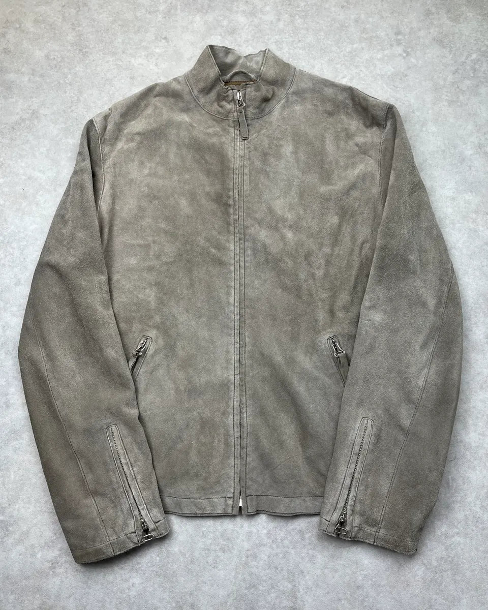 1990s Armani Taupe Five Zip Suede Leather Jacket IoCaJTn 0