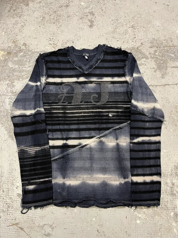 2000s Armani Tie & Dye Navy Gradient V Neck Distressed Sweater ZaKgpLv 3