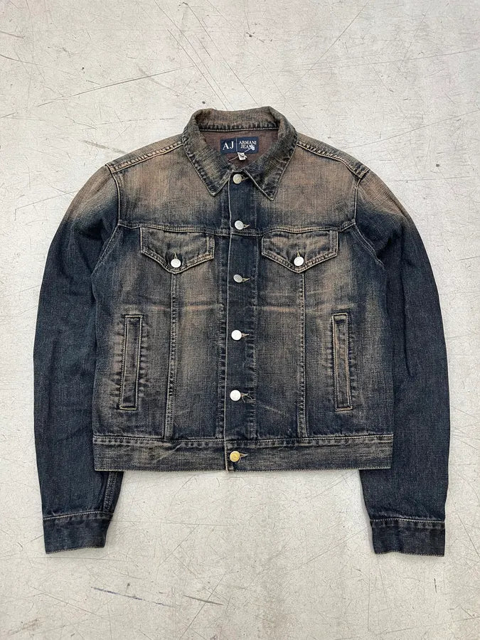 2000s Armani Trucker Blue Faded Denim Jacket CdgVDNN 0