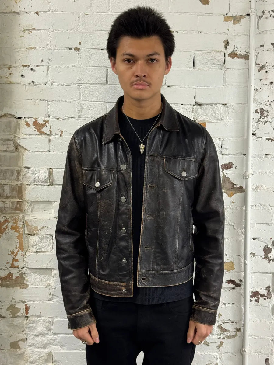 2000s Armani Trucker Faded Brown Leather Buttoned Jacket JdlduLz 1