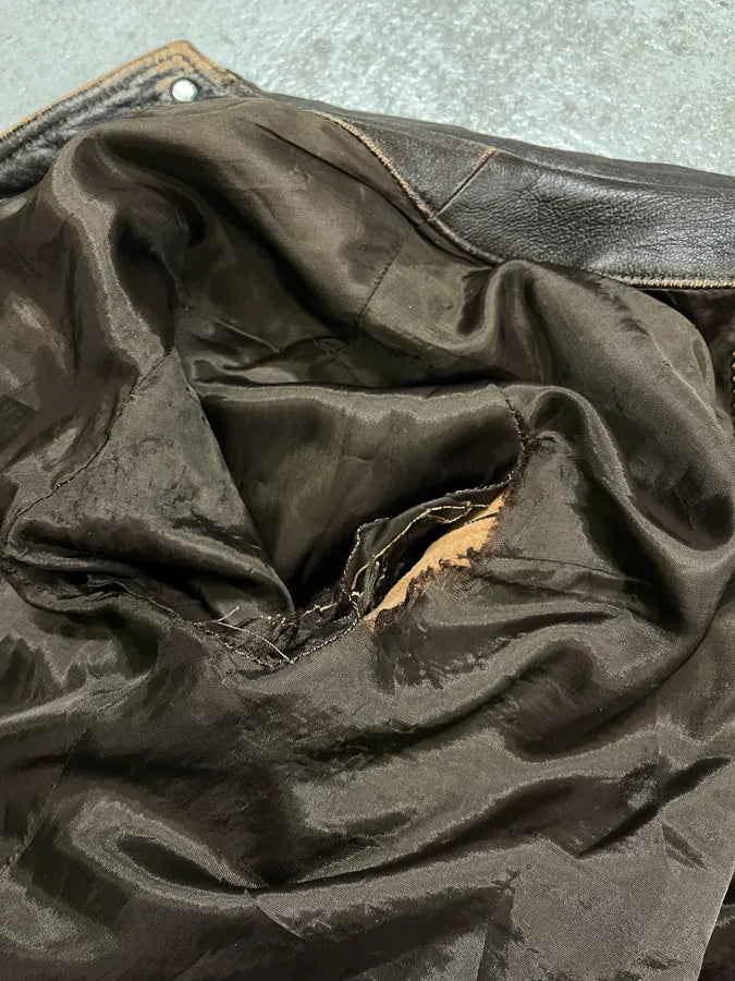 2000s Armani Trucker Faded Brown Leather Buttoned Jacket JdlduLz 10