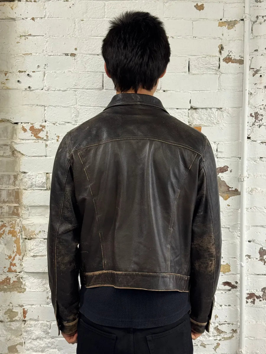 2000s Armani Trucker Faded Brown Leather Buttoned Jacket JdlduLz 2