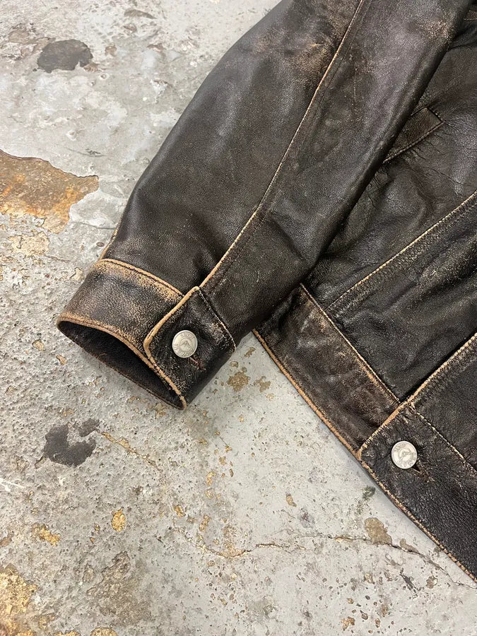 2000s Armani Trucker Faded Brown Leather Buttoned Jacket JdlduLz 5