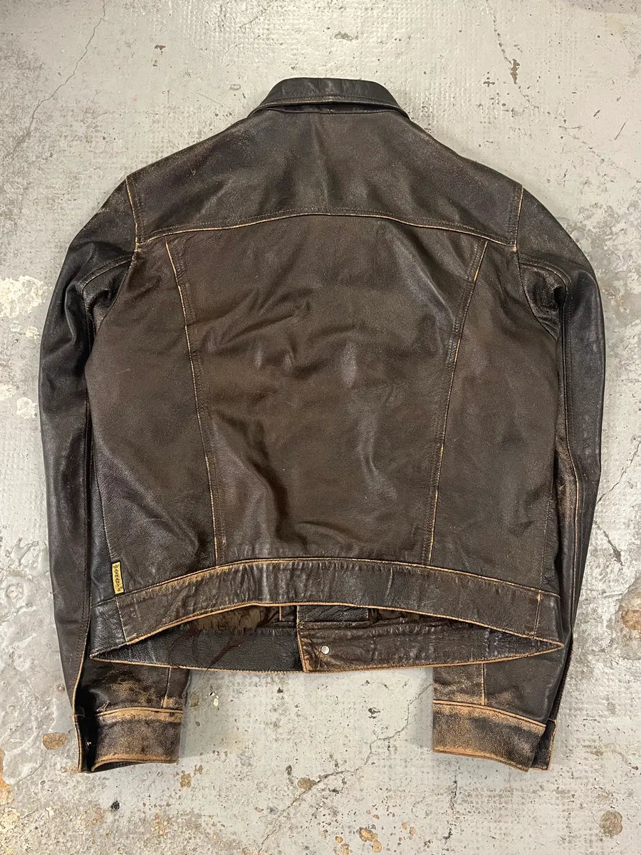 2000s Armani Trucker Faded Brown Leather Buttoned Jacket JdlduLz 6