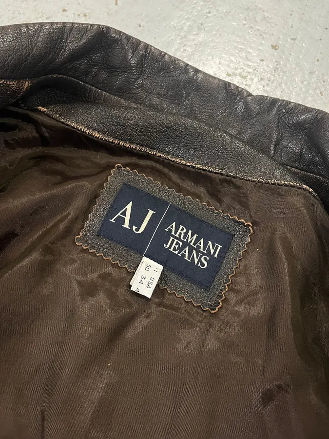2000s Armani Trucker Faded Brown Leather Buttoned Jacket JdlduLz 8
