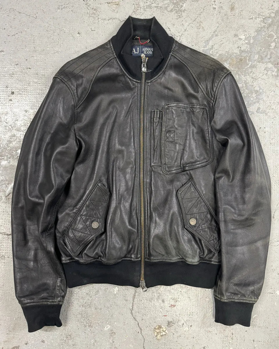 2000s Armani Utility Black Italian Leather Jacket HVtthjQ 0