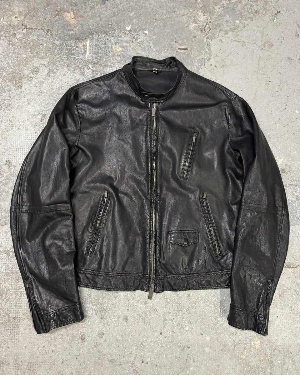 2000s Armani Utility Leather Black Biker Jacket ijRTfld 0