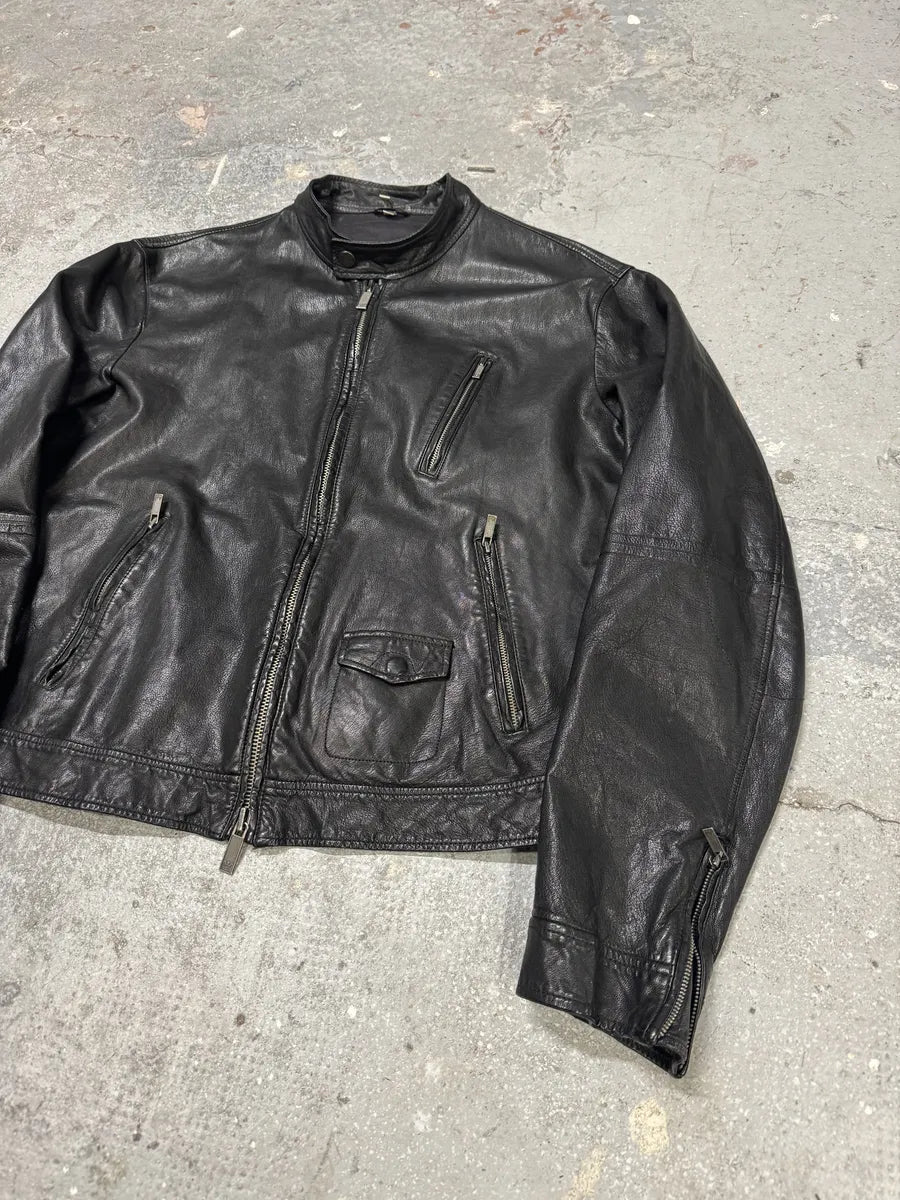 2000s Armani Utility Leather Black Biker Jacket ijRTfld 2