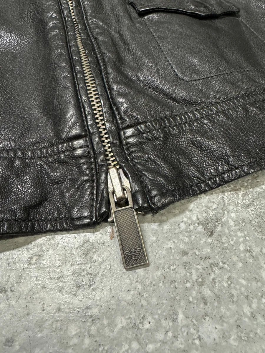 2000s Armani Utility Leather Black Biker Jacket ijRTfld 6