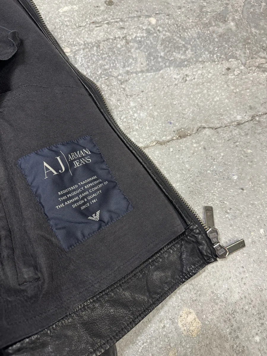 2000s Armani Utility Leather Black Biker Jacket ijRTfld 7