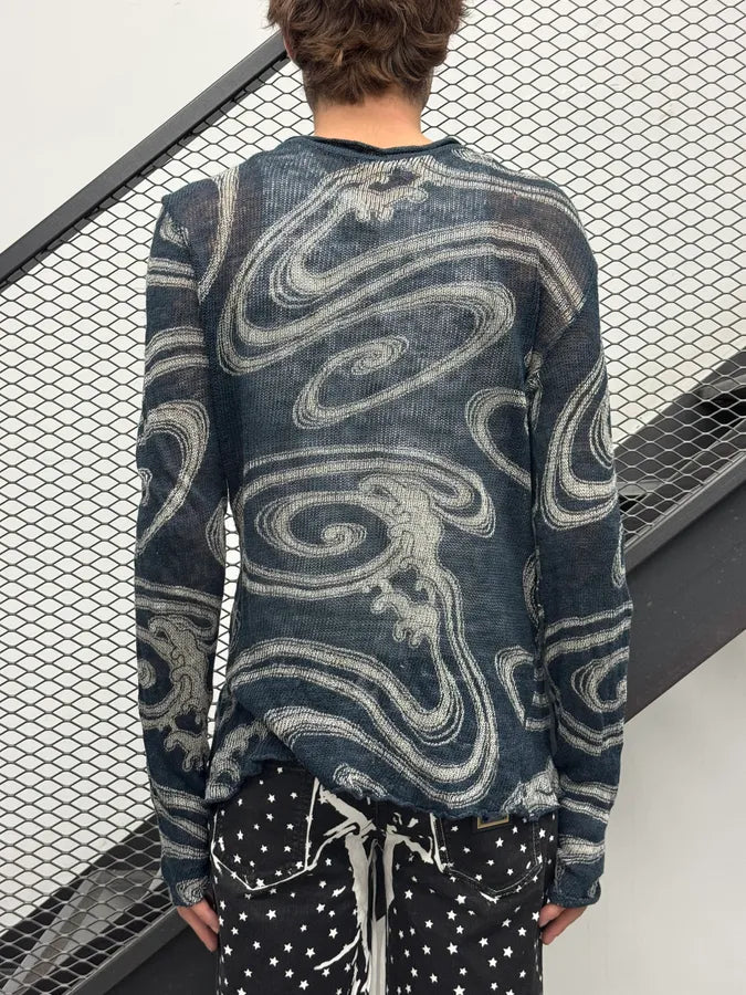 2000s Armani Wavy Smoke Navy Abstract Sweater PKBjkvi 2