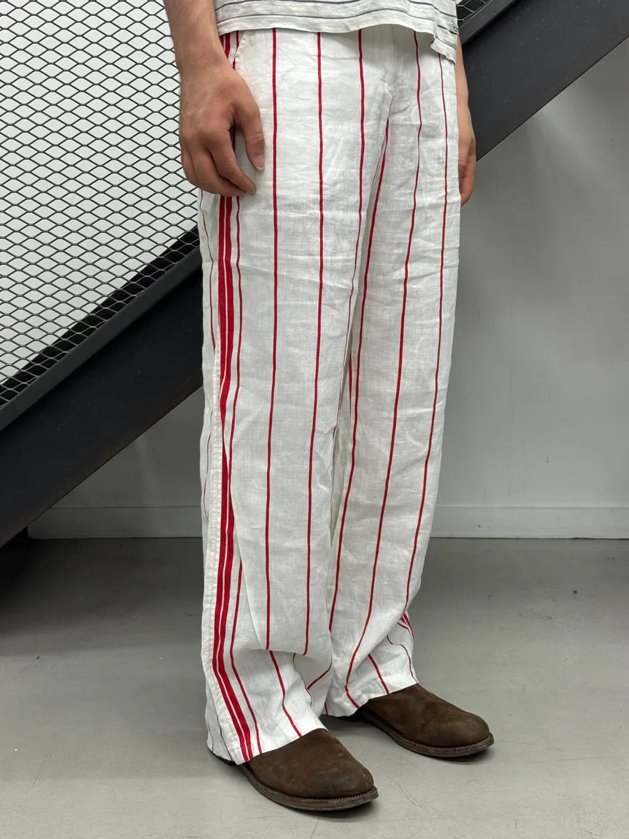 2000s Armani White & Red Linen Striped Relaxed Pants DunBGjt 1