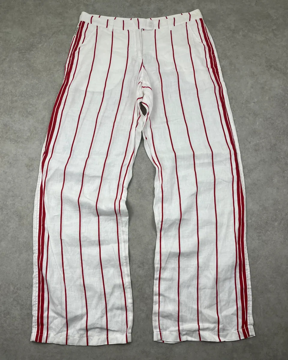 2000s Armani White & Red Linen Striped Relaxed Pants DunBGjt 3