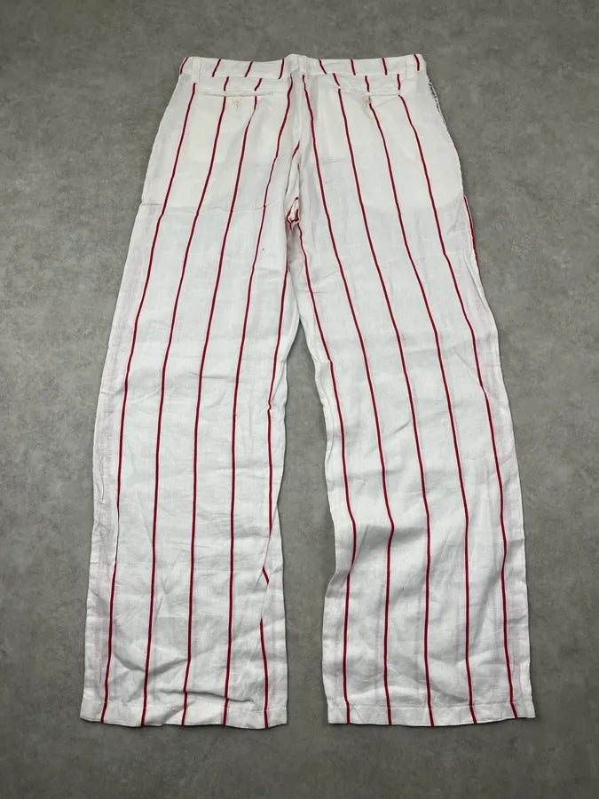 2000s Armani White & Red Linen Striped Relaxed Pants DunBGjt 6