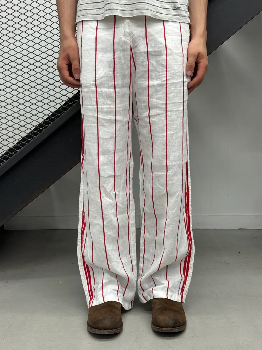 2000s Armani White & Red Linen Striped Relaxed Pants DunBGjt 0