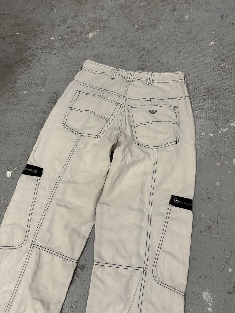 2000s Armani White Wide Cargo Pants (S) 4