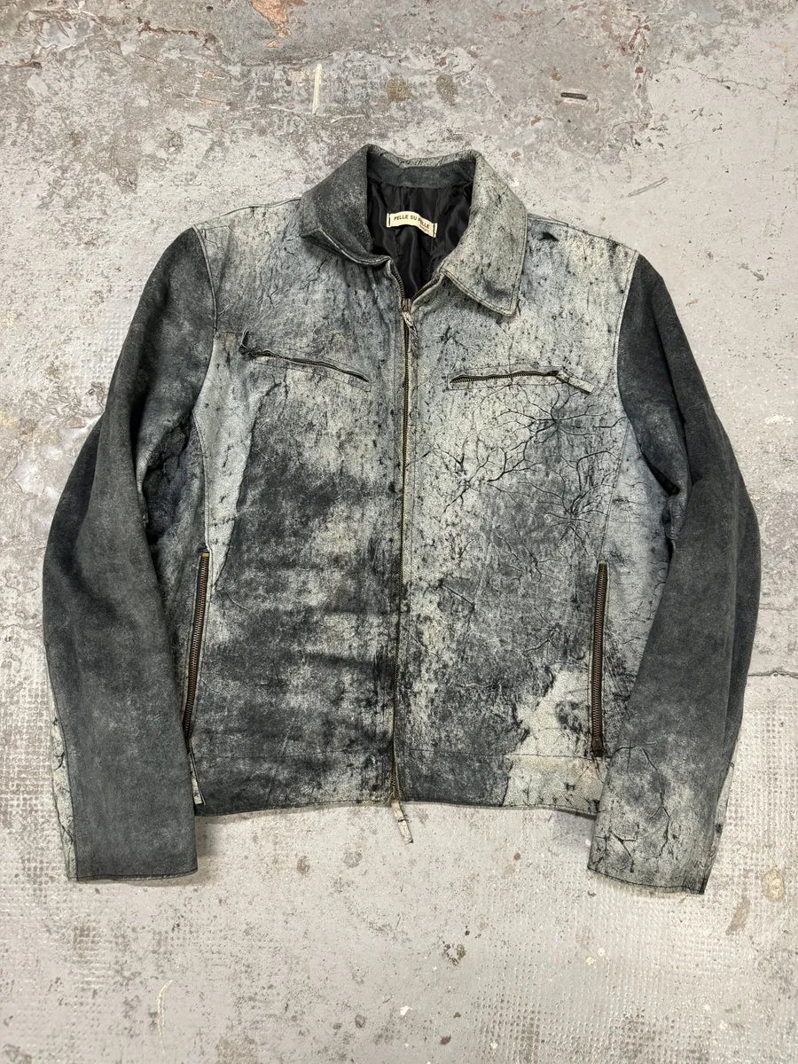 2000s Artisanal Grey Eroded Leather Jacket vZMlgLN 0