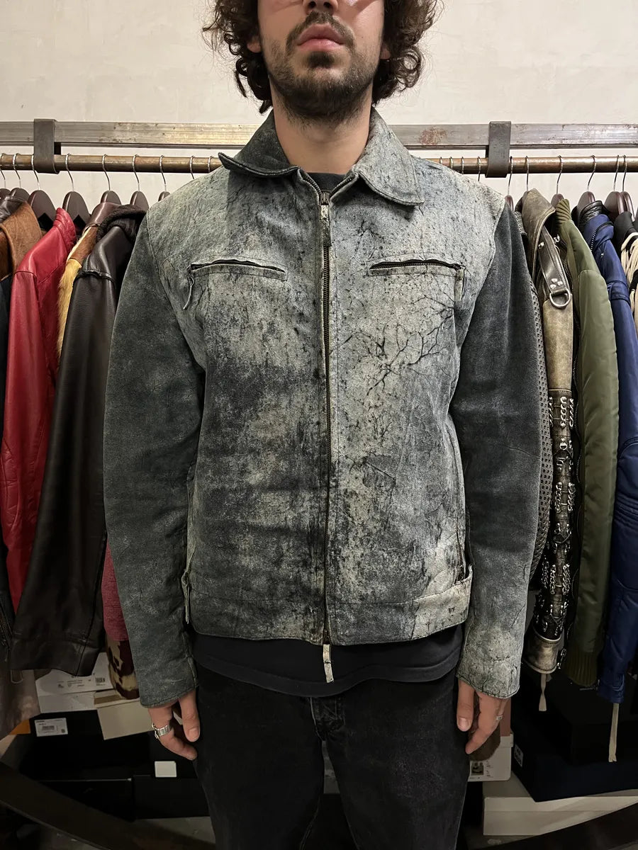 2000s Artisanal Grey Eroded Leather Jacket vZMlgLN 1