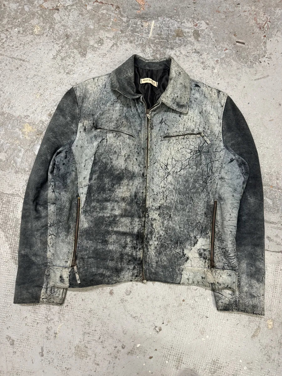 2000s Artisanal Grey Eroded Leather Jacket vZMlgLN 4