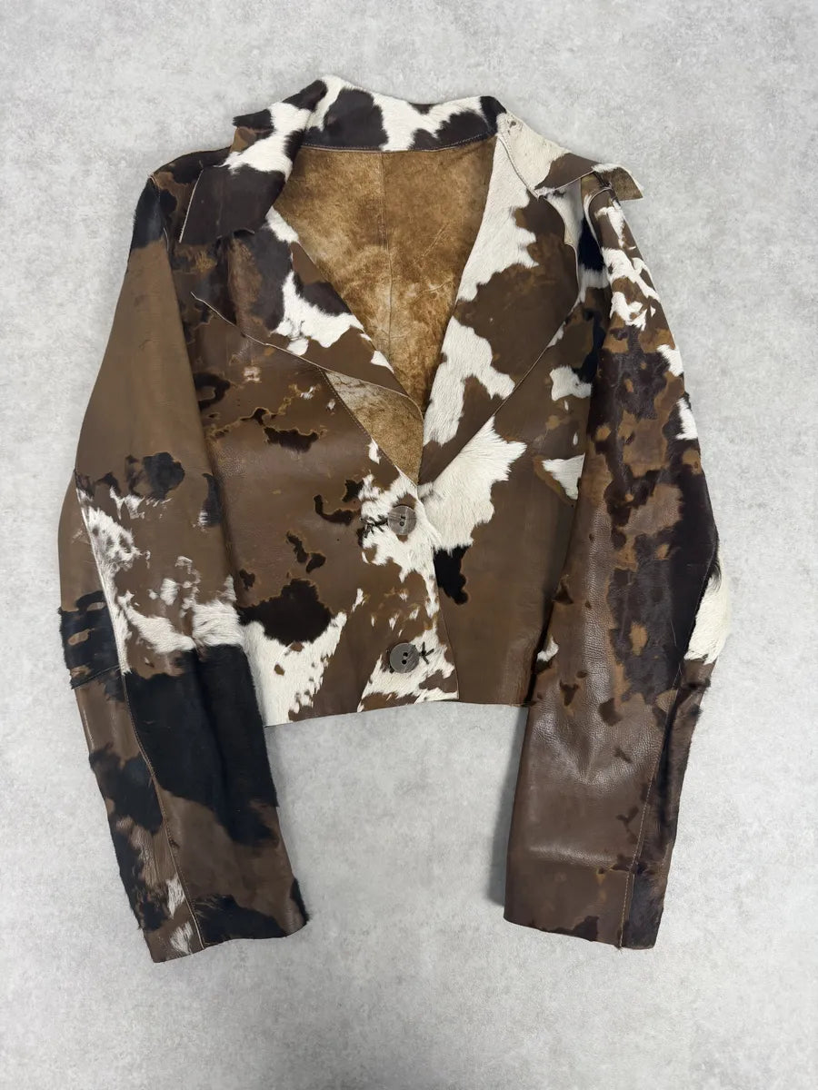 2000s Artisanal Vintage Cow Pony Hair Brown Leather Jacket rXKaqKY 0