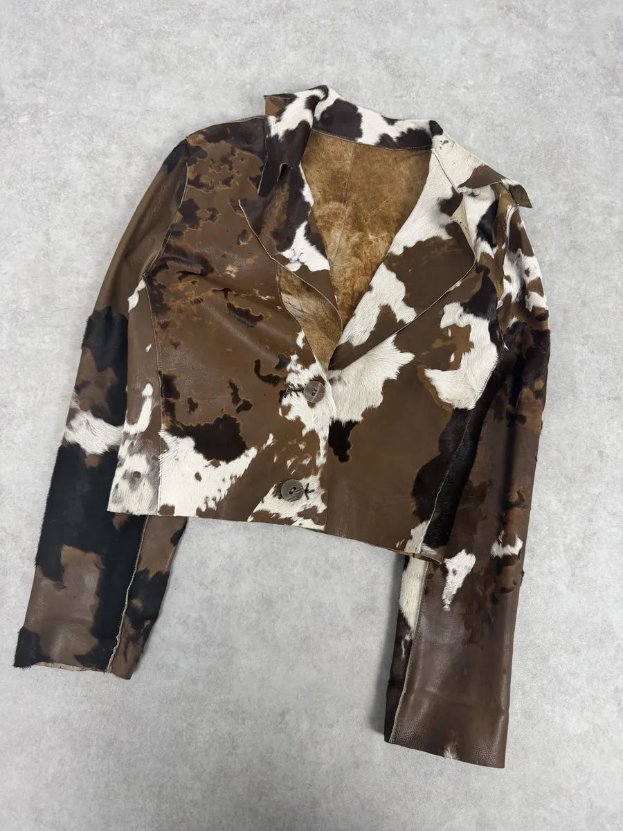 2000s Artisanal Vintage Cow Pony Hair Brown Leather Jacket rXKaqKY 4